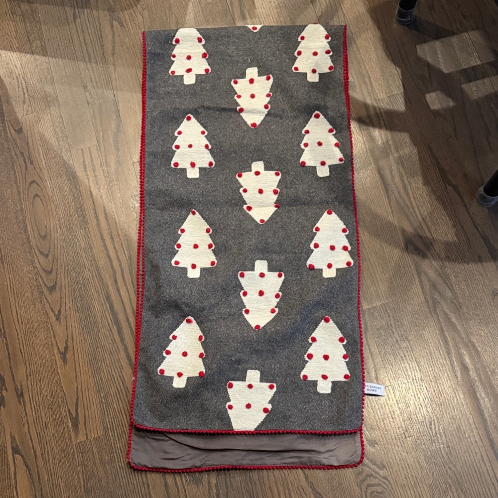 Festive Gray and Red Tree Patterned Table Runner